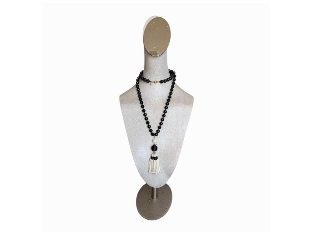 Amy Taylor Black Beaded Tassel Necklace Faux Pearl Statement Jewelry